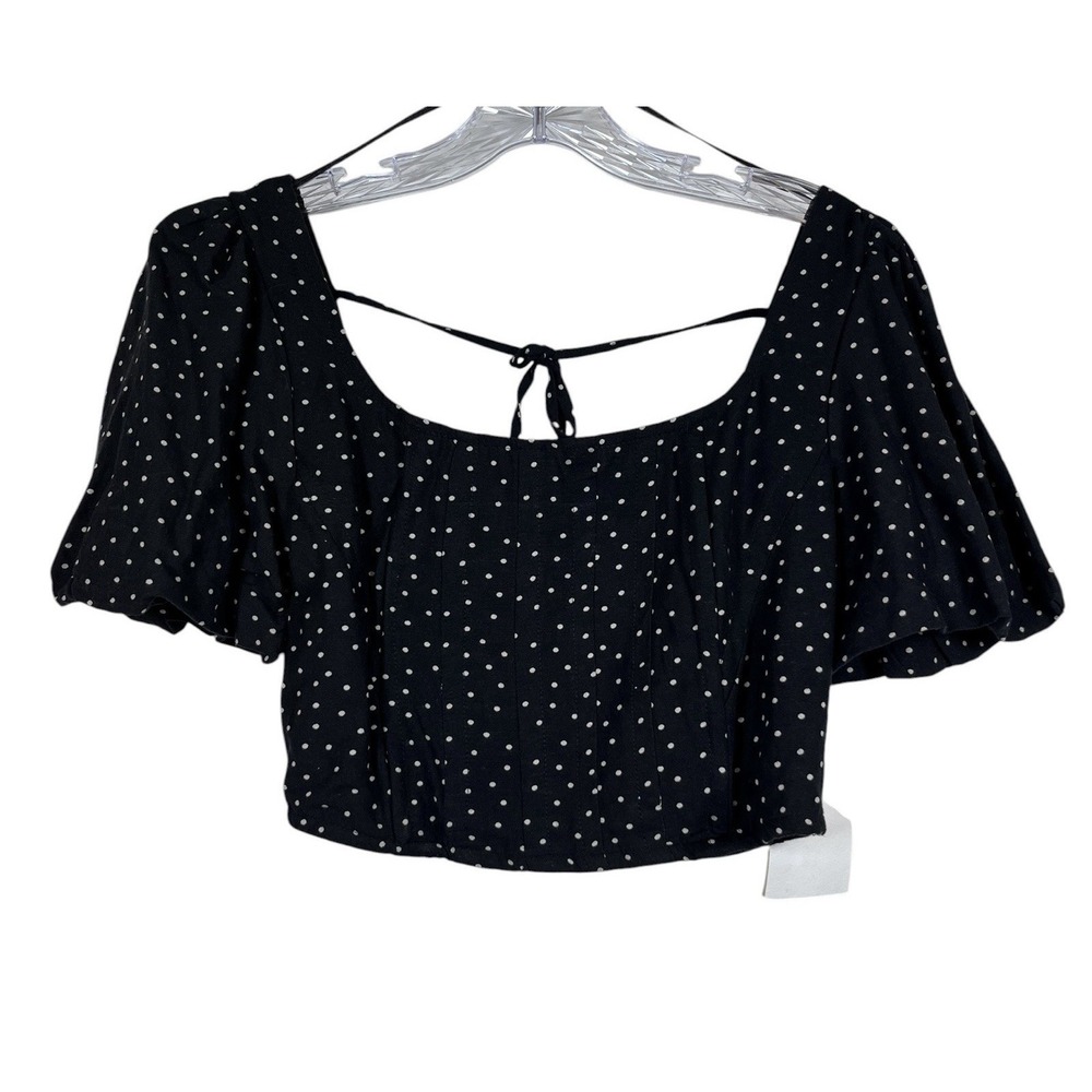 NWT MIDNIGHT SKY Sz M Top Black B&W Dot Linen Blend Puff Cropped Smocked Corset